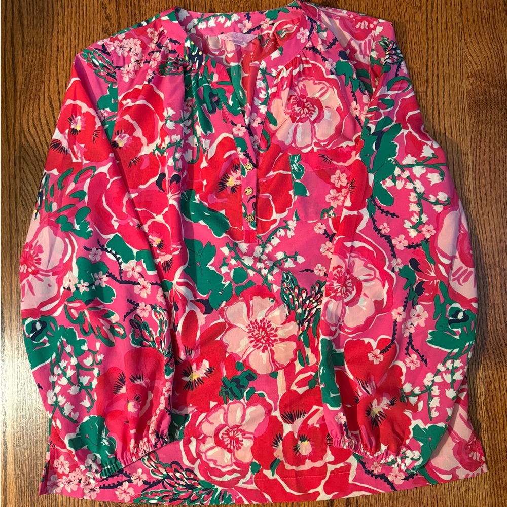 Lilly Pulitzer Vibrant Pink and Green Floral Blouse